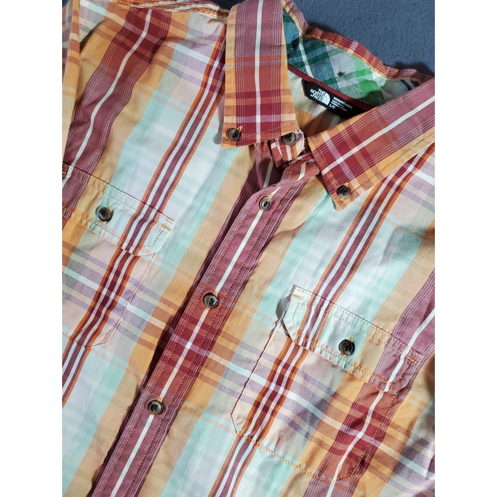 The North Face Button Down Shirt S/S Orange Yellow Red Plaid Men's Size Large